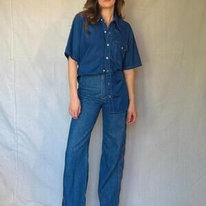 70s Blue Winged Collar Button Up Shirt